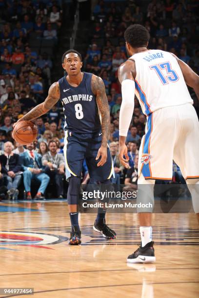 MarShon Brooks of the Memphis Grizzlies dribbles the ball during the game against Paul George of the Oklahoma City Thunder on April 11, 2018 at...