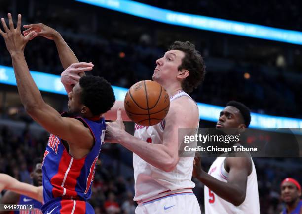 The Chicago Bulls' Omer Asik is unable to control a rebound in the first half against the Detroit Pistons at the United Center in Chicago on...