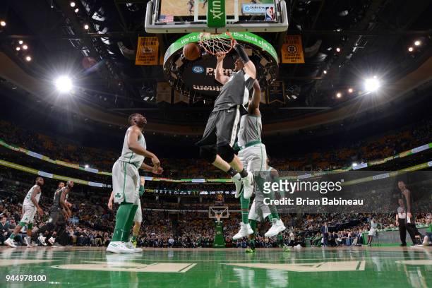 Timofey Mozgov of the Brooklyn Nets dunks the ball against the Boston Celtics on April 11, 2018 at the TD Garden in Boston, Massachusetts. NOTE TO...