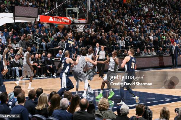 Gary Harris of the Denver Nuggets goes to the basket against the Minnesota Timberwolves on April 11, 2018 at Target Center in Minneapolis, Minnesota....