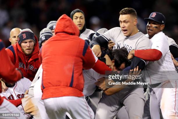 From left, Chris Sale of the Boston Red Sox, Giancarlo Stanton of the New York Yankees, Aaron Judge of the New York Yankees and Rafael Devers of the...