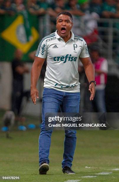 Brazil's Palmeiras team coach Roger Machado, reacts during the 2018 Copa Libertadores football match against Argentina's Boca Juniors held at Allianz...