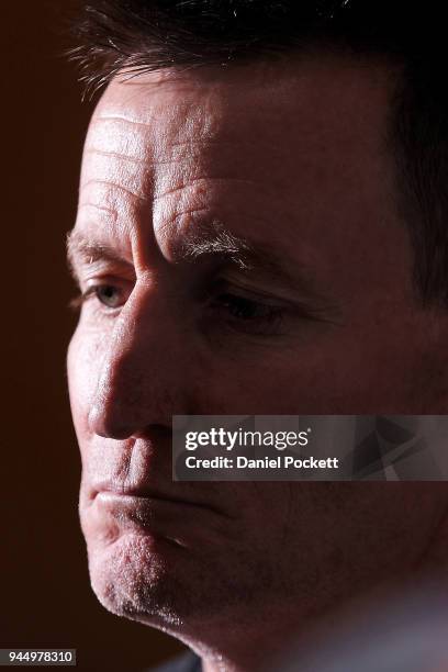 Bombers head coach John Worsfold talks to the media during an Essendon Bombers AFL training session at the Essendon Football Club on April 12, 2018...