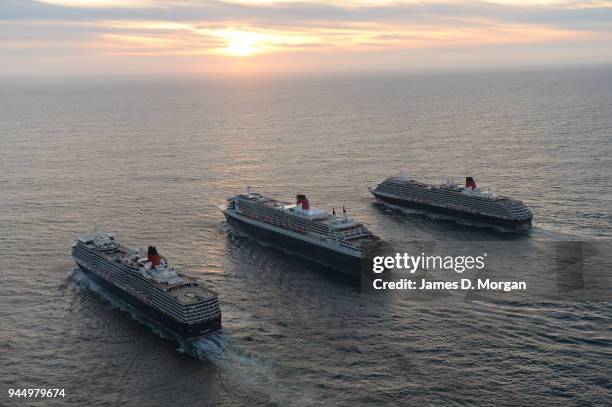 Cruise ship company Cunard execute a photo shoot with all three of its ships, Queen Mary 2 and Queen Elizabeth and Queen Victoria either side on May...