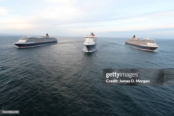 Cruise ship company Cunard execute a photo shoot with all three of its ships, Queen Mary 2 and Queen Elizabeth and Queen Victoria either side on May...