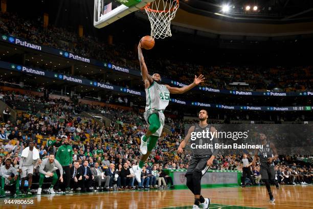 Kadeem Allen of the Boston Celtics goes to the basket against the Brooklyn Nets on April 11, 2018 at the TD Garden in Boston, Massachusetts. NOTE TO...