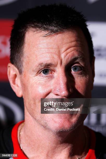 Bombers head coach John Worsfold talks to the media during an Essendon Bombers AFL training session at the Essendon Football Club on April 12, 2018...