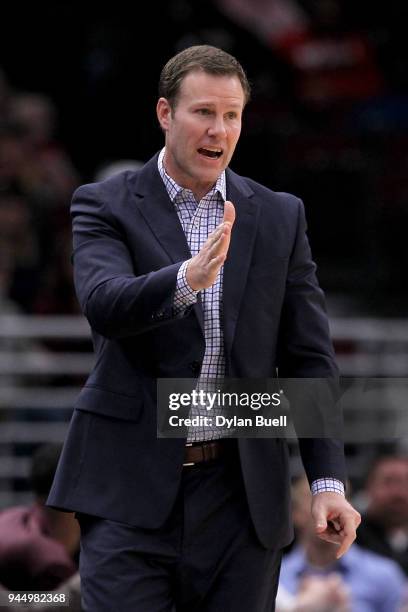 Head coach Fred Hoiberg of the Chicago Bulls calls out instructions in the first quarter against the Detroit Pistons at the United Center on April...