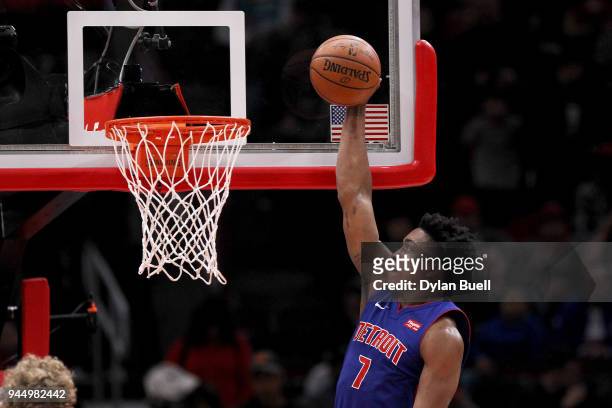 Stanley Johnson of the Detroit Pistons attempts a shot in the third quarter against the Chicago Bulls at the United Center on April 11, 2018 in...