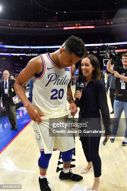 Markelle Fultz of the Philadelphia 76ers talks with the media after the game against the Milwaukee Bucks on April 11, 2018 in Philadelphia,...