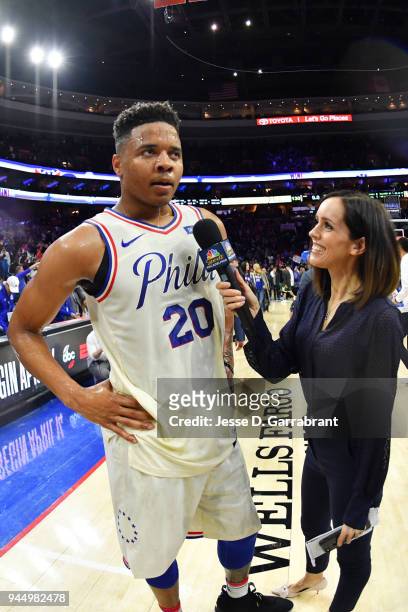 Markelle Fultz of the Philadelphia 76ers talks with the media after the game against the Milwaukee Bucks on April 11, 2018 in Philadelphia,...