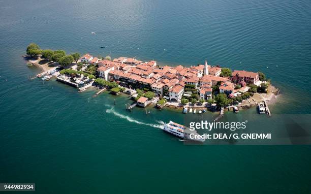 Aerial view of the Pescatori Island, Lake Maggiore, Borromean Islands, Stresa, Piedmont, Italy.