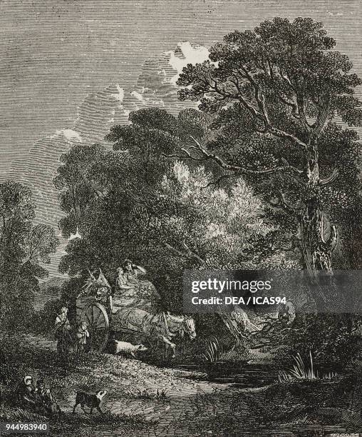 Peasants on a wagon heading to the market, after a painting by Thomas Gainsborough, illustration from Teatro universale, Raccolta enciclopedica e...