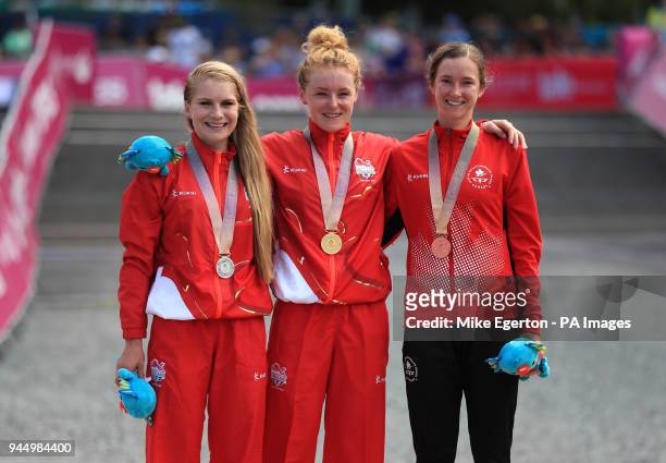 England's Evie Richards , Annie Last and Canada's Haley Smith with their medals after the Women's Cross-country at the Nerang Mountain Bike Trails...