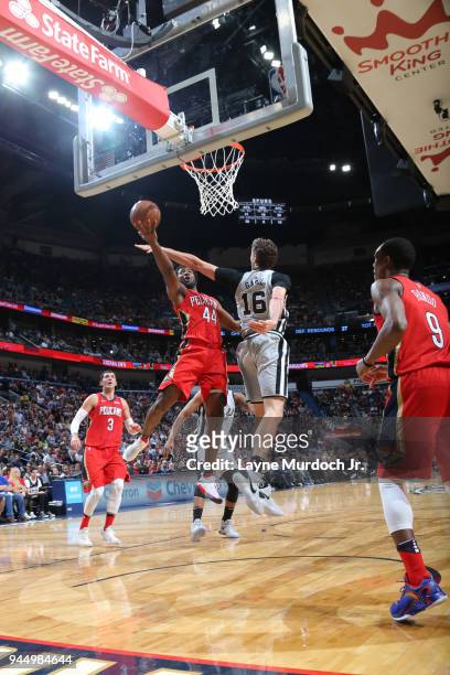 Solomon Hill of the New Orleans Pelicans goes to the basket against the San Antonio Spurs on April 11, 2018 at Smoothie King Center in New Orleans,...