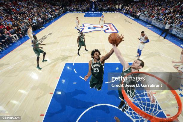 Tyler Zeller of the Milwaukee Bucks rebounds the ball during the game against the Philadelphia 76ers on April 11, 2018 in Philadelphia, Pennsylvania...