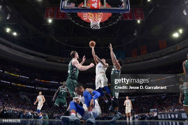 Markelle Fultz of the Philadelphia 76ers shoots the ball during the game against the Milwaukee Bucks on April 11, 2018 in Philadelphia, Pennsylvania...