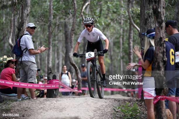 Samara Sheppard of New Zealand competes during the Women's Cross-country on day eight of the Gold Coast 2018 Commonwealth Games at Nerang Mountain...