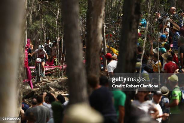 Evie Richards of England competes during the Women's Cross-country on day eight of the Gold Coast 2018 Commonwealth Games at Nerang Mountain Bike...