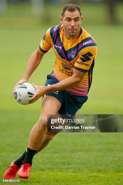 Cameron Smith of the Storm runs with the ball during a Melbourne Storm Training Session at Gosch's Paddock on April 12, 2018 in Melbourne, Australia.