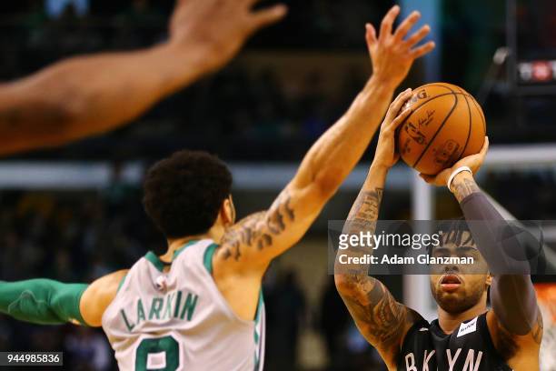 Angelo Russell of the Brooklyn Nets shoots the ball during a game giants the Boston Celtics at TD Garden on April 11, 2018 in Boston, Massachusetts....