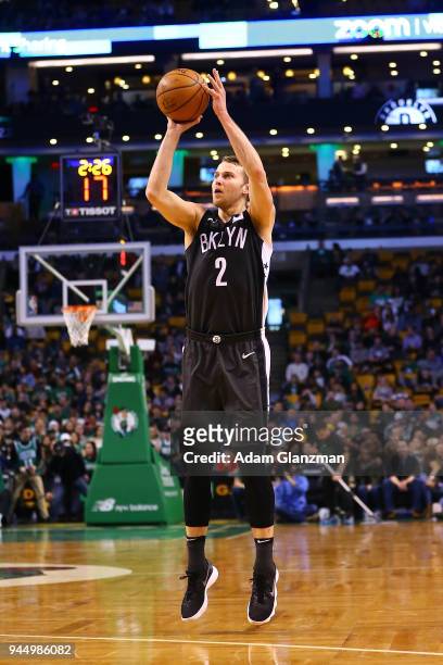 Nik Stauskas of the Brooklyn Nets shoots the ball during a game against the Boston Celtics at TD Garden on April 11, 2018 in Boston, Massachusetts....
