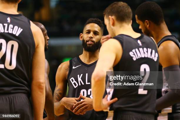 Allen Crabbe of the Brooklyn Nets talks to his teammates during a huddle in a game against the Boston Celtics at TD Garden on April 11, 2018 in...