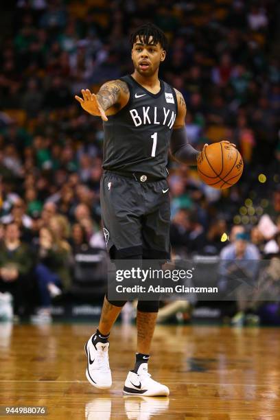 Angelo Russell of the Brooklyn Nets dribbles the ball during a game against the Boston Celtics at TD Garden on April 11, 2018 in Boston,...