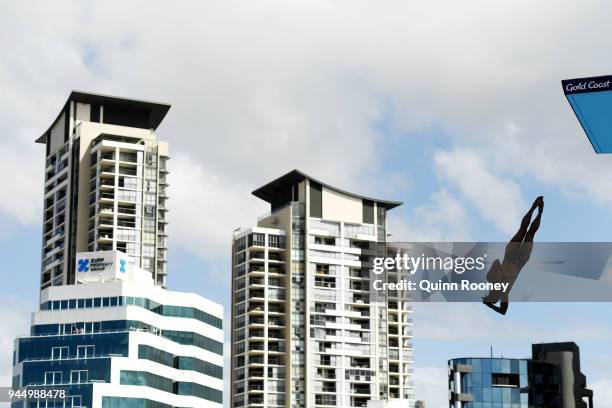 Pandelela Rinong Pamg of Malaysia competes in the Women's 10m Platform Diving Preliminary on day eight of the Gold Coast 2018 Commonwealth Games at...