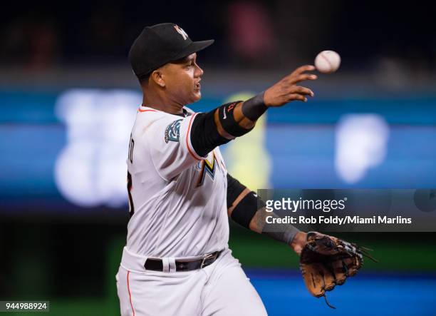 Starlin Castro of the Miami Marlins in action during the game against the New York Mets at Marlins Park on April 11, 2018 in Miami, Florida.
