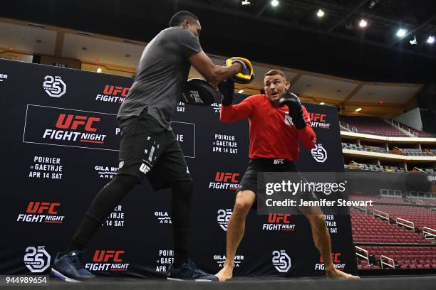 Dustin Poirier holds an open workout for fans and media at Gila River Arena on April 11, 2018 in Glendale, Arizona.