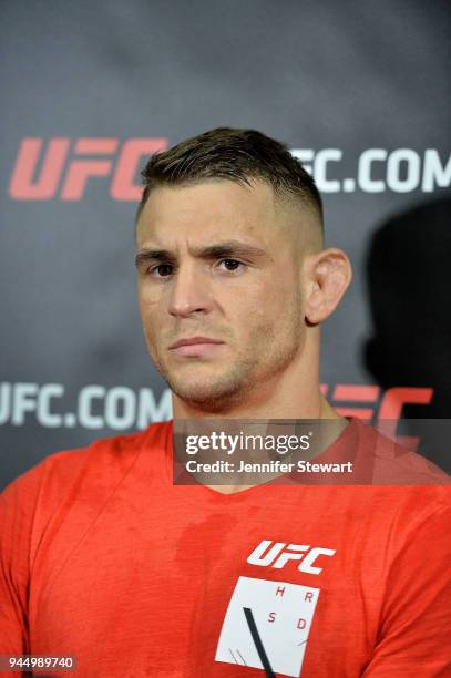 Dustin Poirier addresses the media during an open workout at Gila River Arena on April 11, 2018 in Glendale, Arizona.