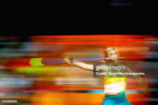 Kelsey-Lee Roberts of Australia competes in the Women's Javelin final during athletics on day seven of the Gold Coast 2018 Commonwealth Games at...