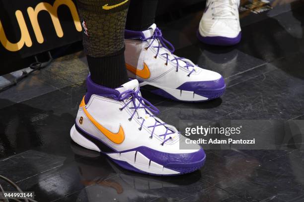The sneakers of Julius Randle of the Los Angeles Lakers before the game against the LA Clippers on April 11, 2018 at STAPLES Center in Los Angeles,...