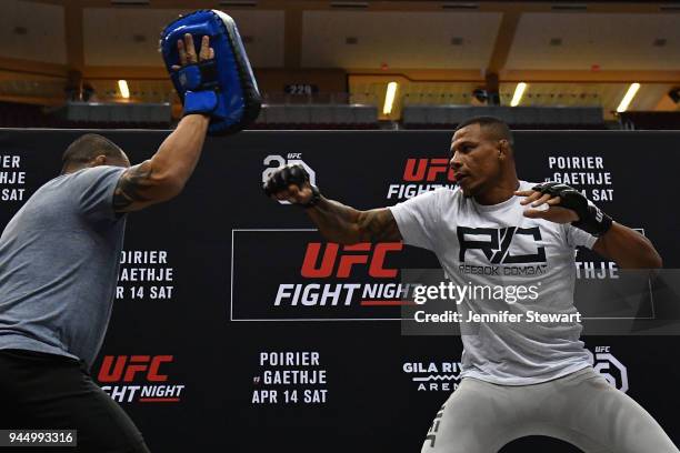 Alex 'Cowboy' Oliveira of Brazil holds an open workout for fans and media at Gila River Arena on April 11, 2018 in Glendale, Arizona.