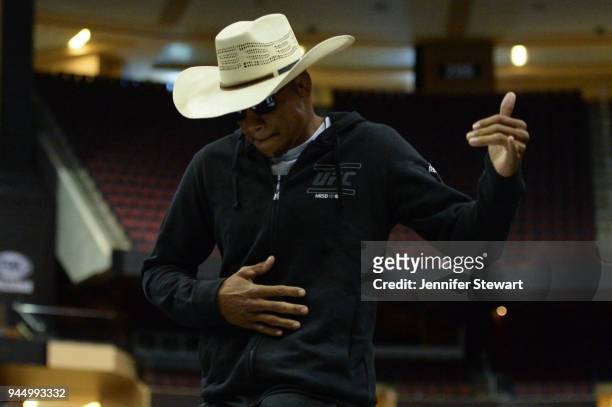 Alex 'Cowboy' Oliveira of Brazil dances during an open workout for fans and media at Gila River Arena on April 11, 2018 in Glendale, Arizona.