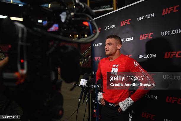 Dustin Poirier addresses the media during an open workout at Gila River Arena on April 11, 2018 in Glendale, Arizona.