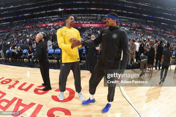 Channing Frye of the Los Angeles Lakers and Tobias Harris of the LA Clippers shake hands before the game on April 11, 2018 at STAPLES Center in Los...