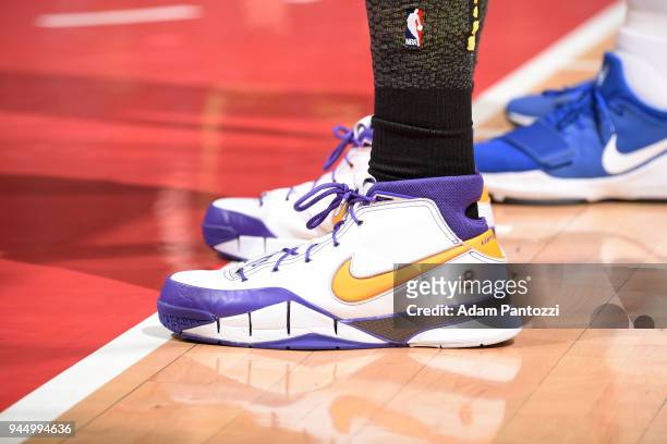 The sneakers of Julius Randle of the Los Angeles Lakers during the game against the LA Clippers on April 11, 2018 at STAPLES Center in Los Angeles,...