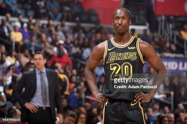 Andre Ingram of the Los Angeles Lakers looks on during the game against the LA Clippers on April 11, 2018 at STAPLES Center in Los Angeles,...