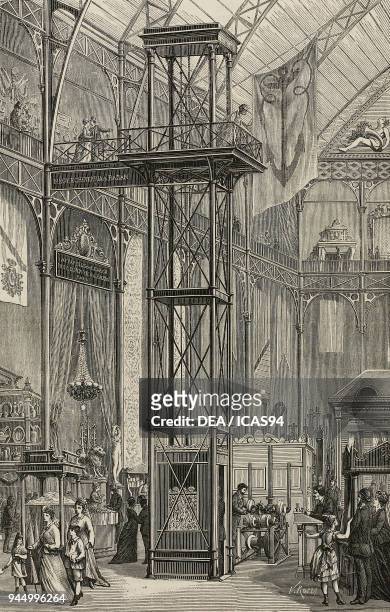 Lift presented at the Centennial Exhibition of Arts, Manufactures and Products of the Soil and Mine, Filadelfia, United States of America, engraving...