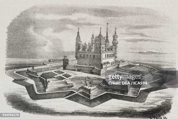 Kronborg Castle, Helsingor, Denmark, lithograph by Gaetano Riccio from Poliorama Pittoresco, n 49, July 12, 1845.