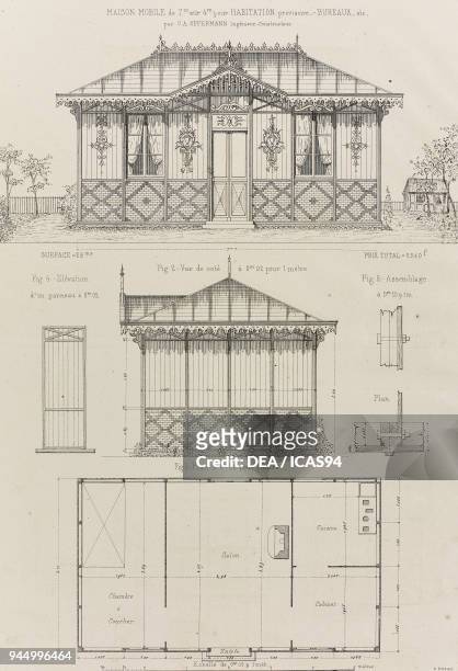 Perspectives, layout and architectural details of a mobile building used as a temporary residence or office, designed by Oppermann, engraving from...