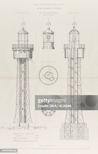 Perspective and sections of the red lighthouse in Ristna, Hiiumaa, Estonia, designed by Sautter and Lemonnier, engraving from Nouvelles annales de la...