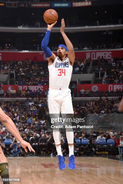 Tobias Harris of the LA Clippers shoots the ball against the Los Angeles Lakers on April 11, 2018 at STAPLES Center in Los Angeles, California. NOTE...