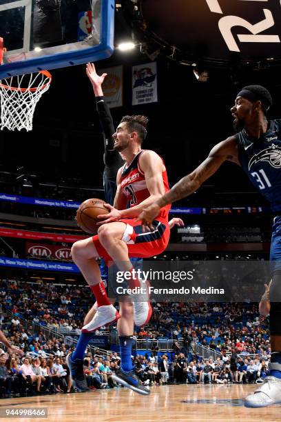 Tomas Satoransky of the Washington Wizards goes to the basket against the Orlando Magic on April 11 2018 at Amway Center in Orlando, Florida. NOTE TO...