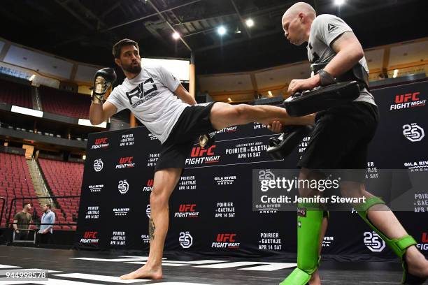 Carlos Condit holds an open workout for fans and media at Gila River Arena on April 11, 2018 in Glendale, Arizona.