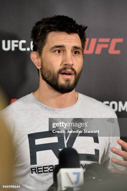 Carlos Condit addresses the media during an open workout at Gila River Arena on April 11, 2018 in Glendale, Arizona.