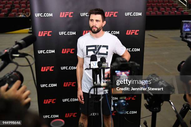 Carlos Condit addresses the media during an open workout at Gila River Arena on April 11, 2018 in Glendale, Arizona.