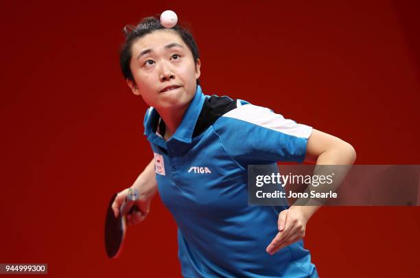 Tianwei Feng of Singapore competes in the women's round of 16 against Melissa Tapper of Australia during Table Tennis on day eight of the Gold Coast...